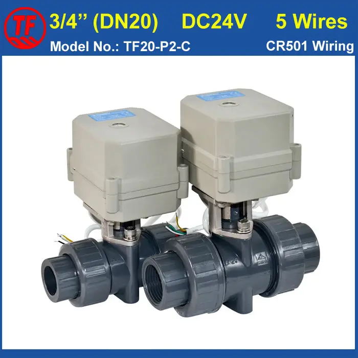 

DC24V 5 Wires UPVC DN20 Motor Operated Valve BSP/NPT 3/4'' Electric Valve 10NM,On/Off 15 Sec,Metal Gear,CE, TF20-P2-C