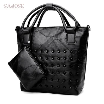 

Women Handbag Fashion Rivet Tote Bags For Lady 2 Sets Black Big Shoulder Bag European And American Classic High Quality SAJOSE