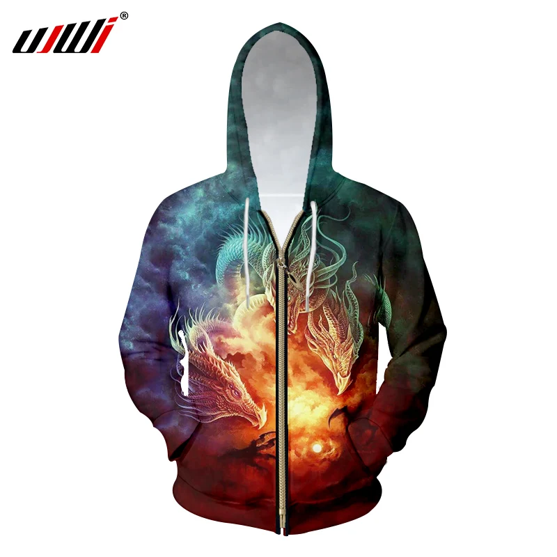 UJWI Men's Zipper Hoodies Fashion Cool Print Dragon Animal 3D