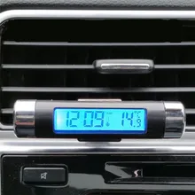 1Set Clip-on Luminous BackLight Car Outlet Thermometer Clock LCD 2 In 1 Electronic Watch Clock Ornament Car Interior Accessories