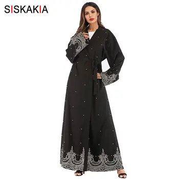 

Siskakia Women Abaya Vintage Ethnic Embroidery Beading Muslim Cardigan Robes Black Ramadan Gowns Big Size 2019 with Slim Sash
