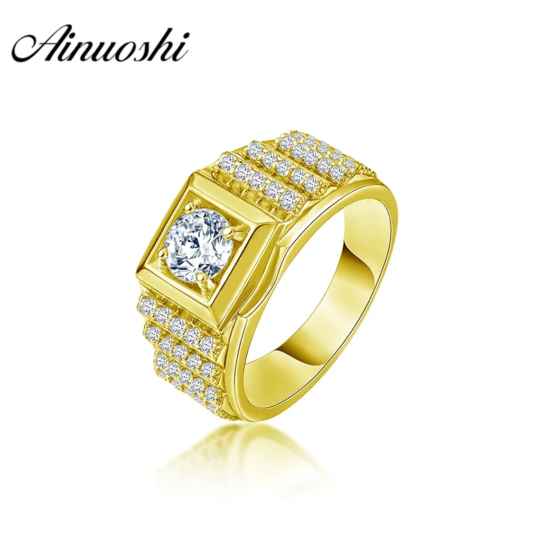 

AINUOSHI 10K Solid Yellow Gold Men Ring Layers Drill Round Cut Ring Engagement Wedding Male Jewelry 6g Exquisite Wedding Band