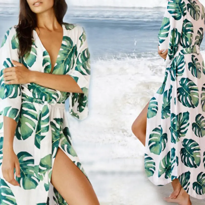 Women Vacation Swimsuit Cover Up Green Tropical Leaves Open Front Kimono Cardigan Belted Irregular Curved Hem Beach Bath Robe bathing suit bottom cover up