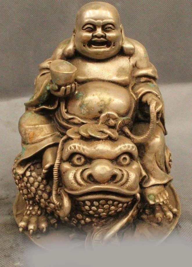 

7" Chinese Silver Wealth Happy Laugh Maitreya Ride Golden Toad Spittor Statue