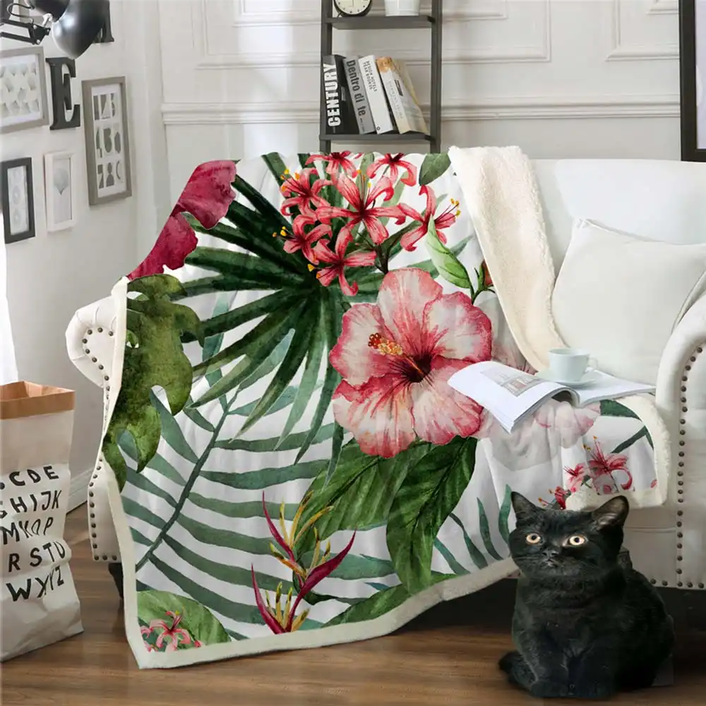 Sherpa Velvet Plush Throw Blanket Tropical Plant Toucan Birds Print Bed Cover