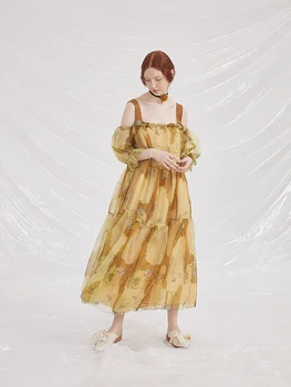 

2019 ss collection vintage long off the shoulder slash neck printed silk dress