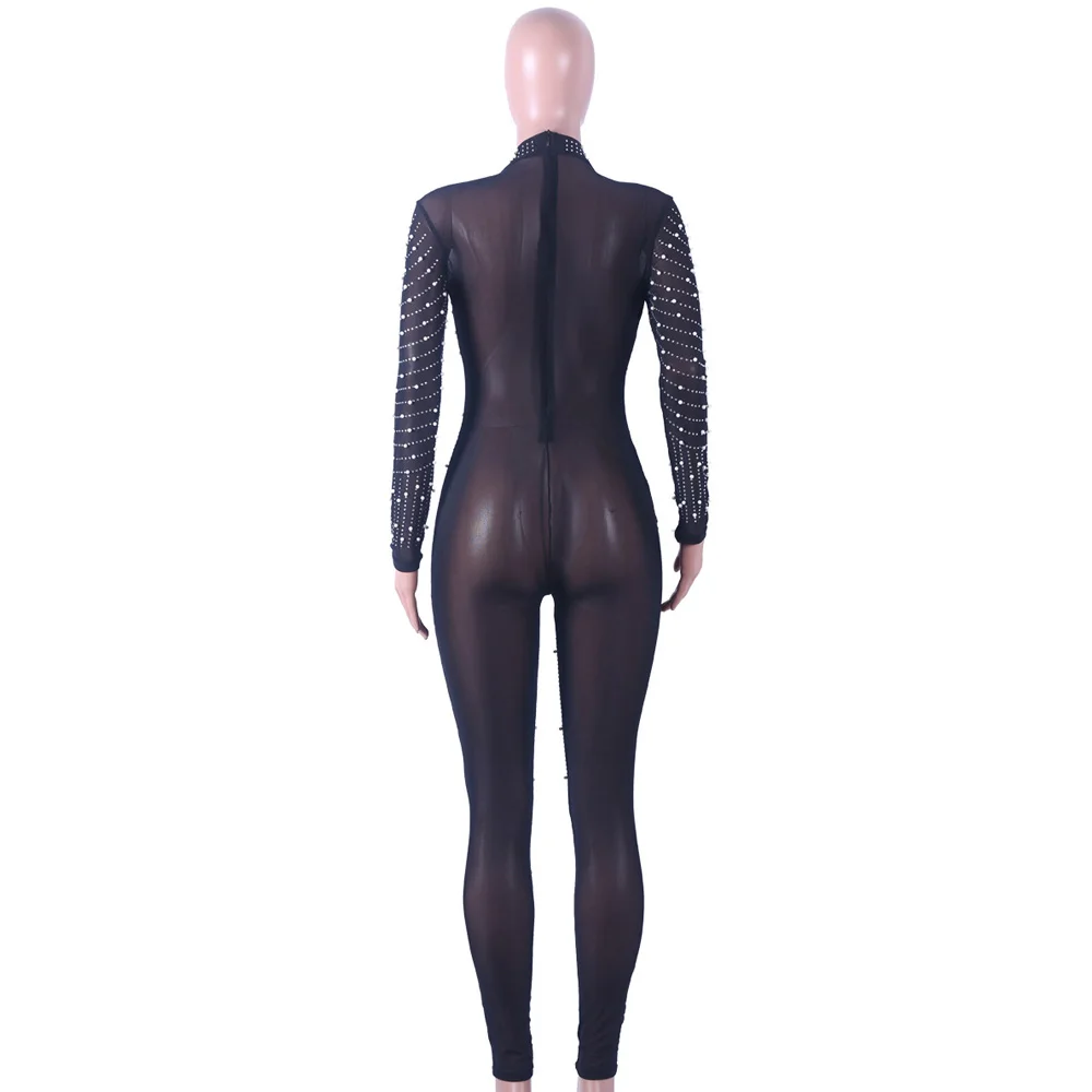 Sexy Beaded Embellished Skinny Jumpsuit Women Glitter Rhinestone Diamonds Mesh See Through Patchwork Jumpsuit Rompers Clubwear