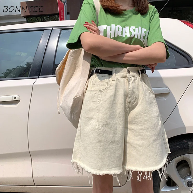 

Shorts Women All-match Loose Ulzzang Retro Trendy High Simple Womens Wide Leg Leisure Tassel Chic Summer Ladies Denim Short Belt