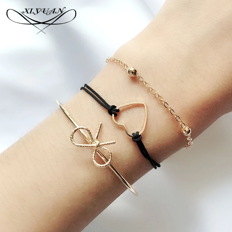 3 Pcs/set Fashion Bohemia Bow Knot Heart Rope Charm Bracelet Set Women Gold Color Chain Link Braclet Pendant Handmade Jewelry | Украшения и