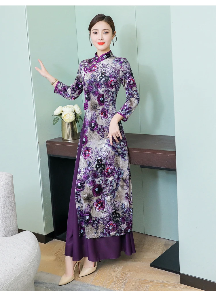 Весна классический стиль платье Чонсам с длинным рукавом фиолетовый cheongsam женская цветочная печать Вьетнам Бархат длинное qipao