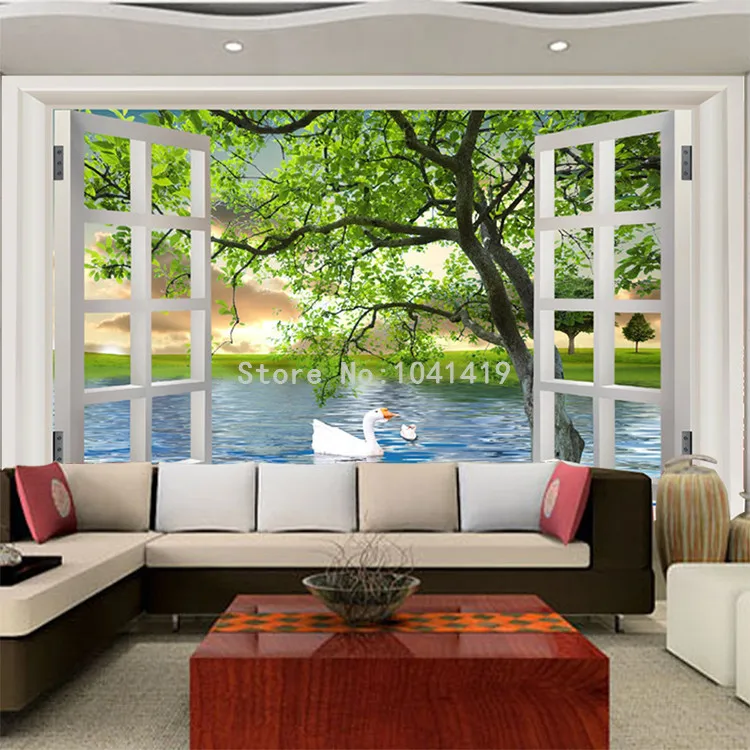 Фото обои Современные Простые за окном зеленое дерево река Лебедь природа пейзаж 3D стерео Фреска гостиная Papel де Parede