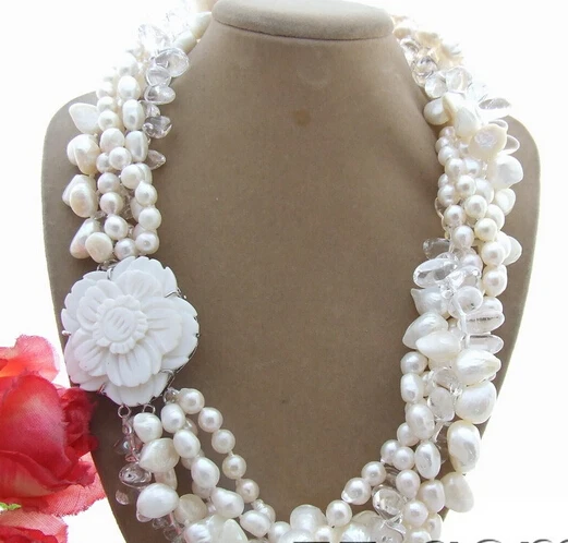 

huij 003488 5Strds Pearl&Salt Sea Pearl&Shell Pearl& Crystal Necklace