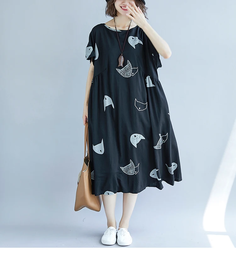 Oversize Summer Dress Plus Size Casual Cotton Linen Women Dress Elegant Cartoon Cat Print Long Maxi Beach Dresses 2019 Vintage7