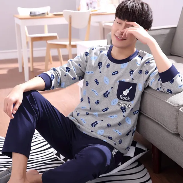 Funny Cute Mens Pajamas Cotton Long Sleeve Homewear Men Sleepwear Male Nightwear Pajama Set