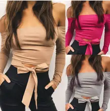 T Spring New Slash Neck Strapless Long Sleeve T-shirt Women Sexy Tube Top Fashion Lace Up Bow T shirt grommet lace up t shirt
