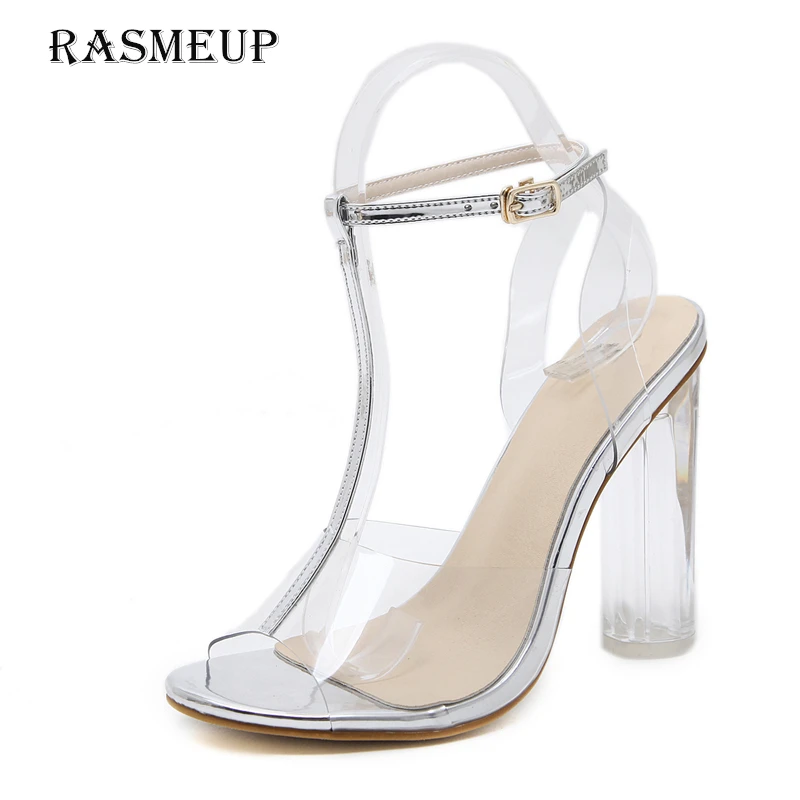 

RASMEUP Women's T Strap Perspex High Heels Sandals Fashion PVC Clear Peep Toe Sexy Women Sandals Summer Woman Shoes Plus Size