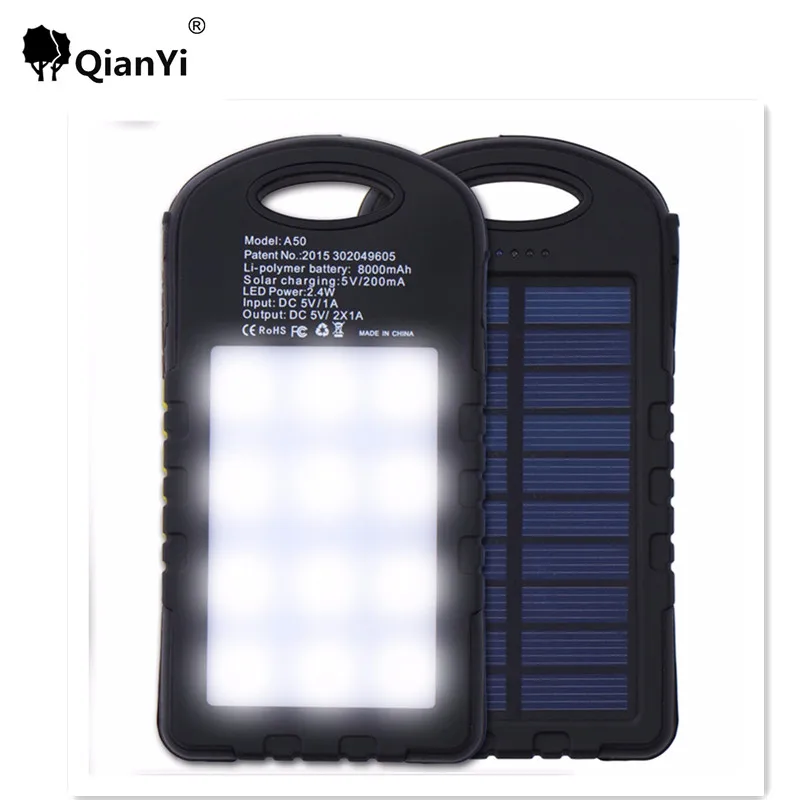  8000mah Solar Charger Pratable Solar Power Bank Bateria Externa Powerbank For Iphone Xiaomi Samsung Meizu With LED Light For SOS 