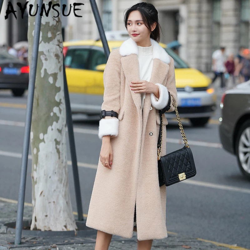 

AYUNSUE Real Fur Coat Female Winter Wool Jacket with Mink Fur Collar Korean Long Thick Ladies Cashmere Coats Women Clothes 8820