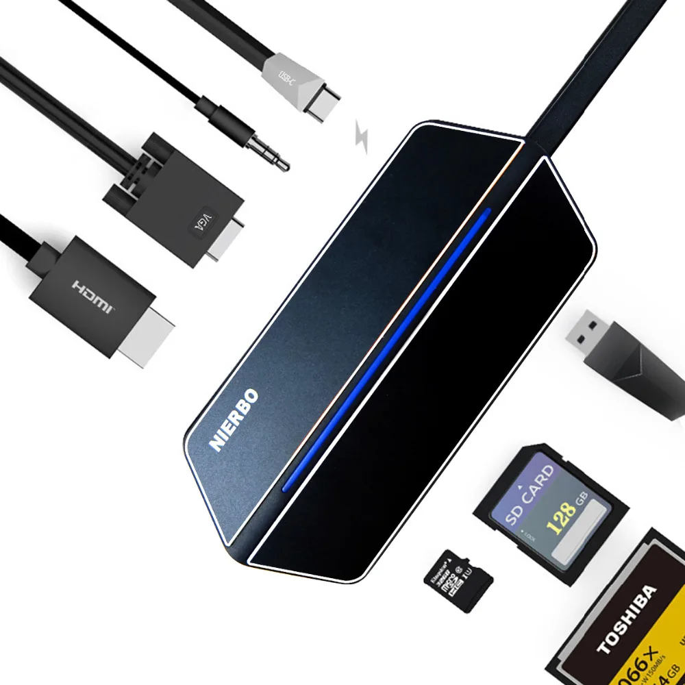 

USB C Hub, 8 in 1 Multiport Type C Adapter, Support HDMI & VGA Dual Output, USB 3.0 & 3.5mm Audio Jack, CF/SD/TF Card Reader