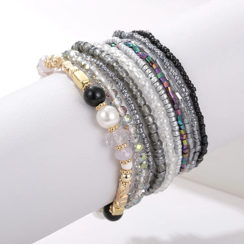 

10 pcs/lot Boho Multi-layer Imitation Pearl Crystal Glass Beaded Elastic Bracelets Bangles Set for Women Wedding Party Gifts