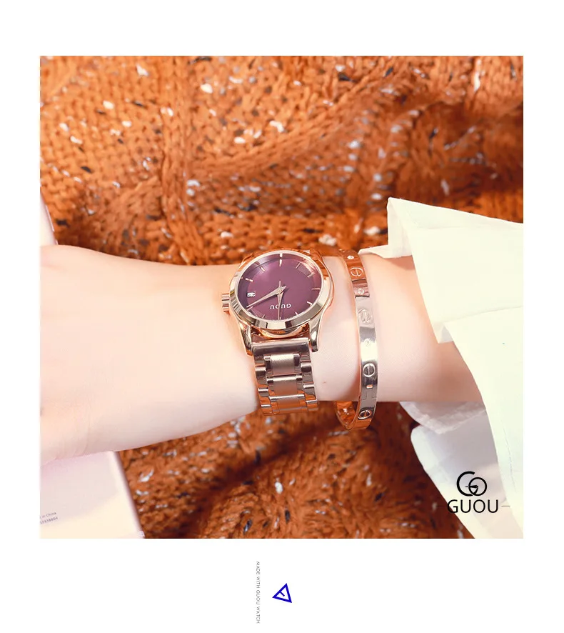 GUOU женские часы бизнес женские часы браслет из розового золота часы для женщин нержавеющая сталь Авто Дата Часы relogio feminino saat - Цвет: Фиолетовый