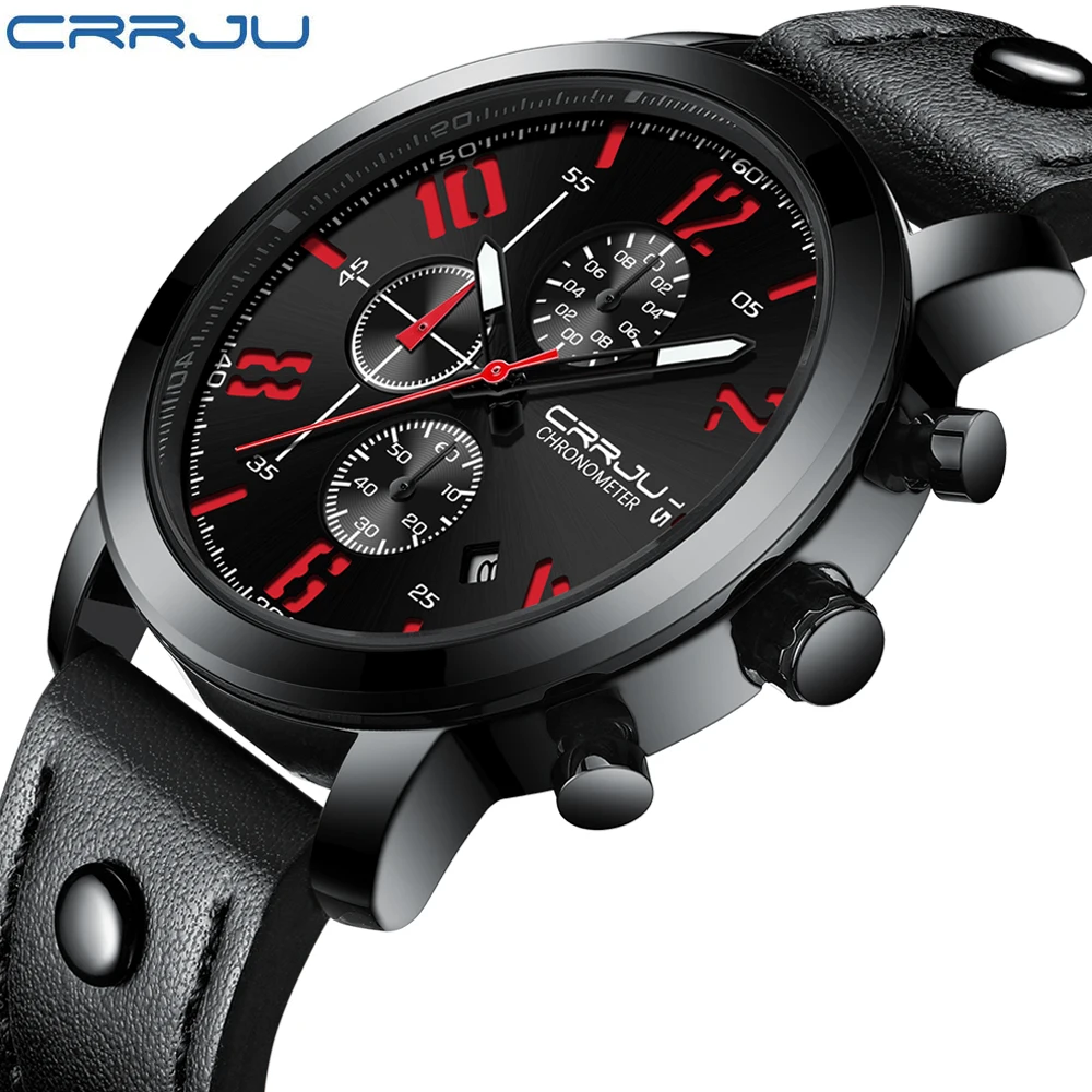 Элитный бренд CRRJU Для мужчин многофункциональный спортивный кожаный кварцевые часы Для Мужчин's Повседневное часы Для мужчин