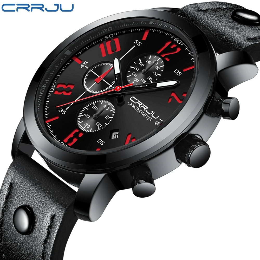 

Luxury Brand CRRJU Men multi-function Sports Leather Quartz Watch Men's Casual Watches Men's waterproof clock Relogio Masculino