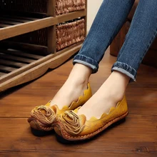 Хороший Для женщин мягкая Обувь из натуральной кожи на плоской подошве высокое качество Винтаж Леди ручной работы повседневные туфли на плоской подошве с цветами Zapatos Mujer женские