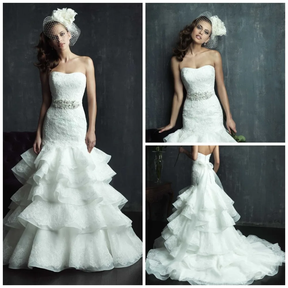 

Hot&Sale White Sweet Layer Full Skirt Wedding Dresses 2014 Waist Beads Backless Lace Bride Gown Vestidos Lace Long Train