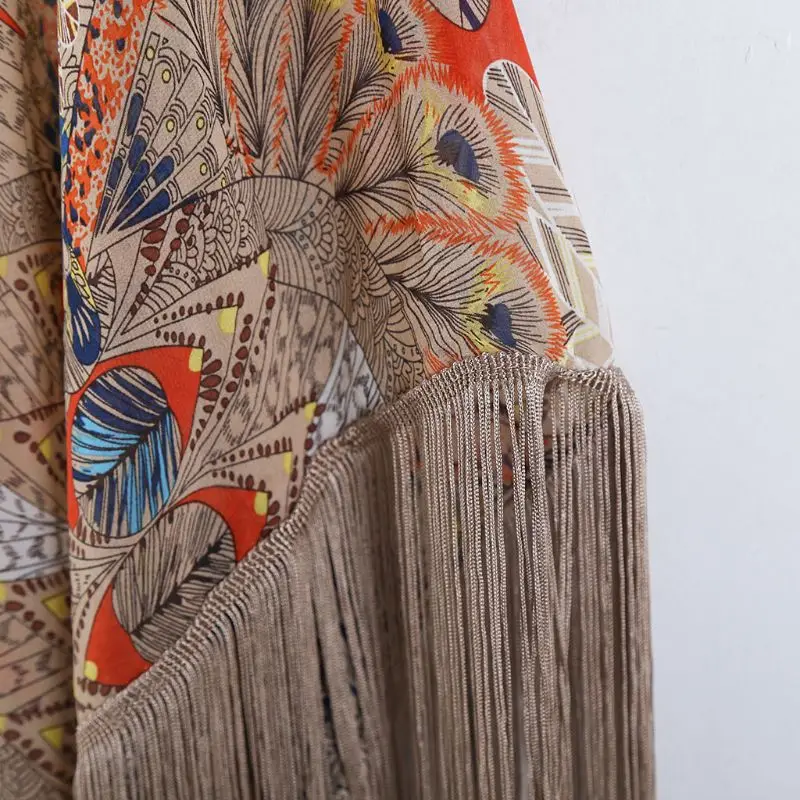 Womens Summer Half Sleeve Chiffon Cardigan Boho Retro Floral Printed Fringed Tassels Bikini Cover Up Ankle Length Kimono Cape
