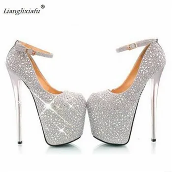 

LLXF zapatos Plus:34-41 42 43 Stiletto Gold/Sliver diamond Shoes woman 19cm thin High-Heeled female Ankle Strap Cosplay Pumps