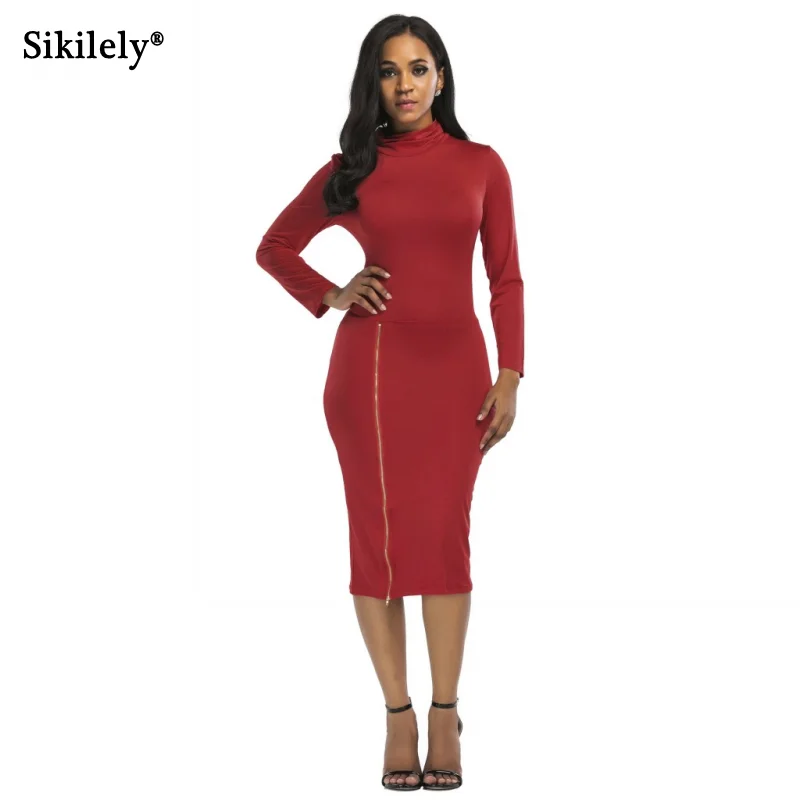 

New Slim Woman Dress High Neck Autumn Casual Dress Pencil Mid-calf Length Red Black Pink Plus Size African Dresses Party 2019