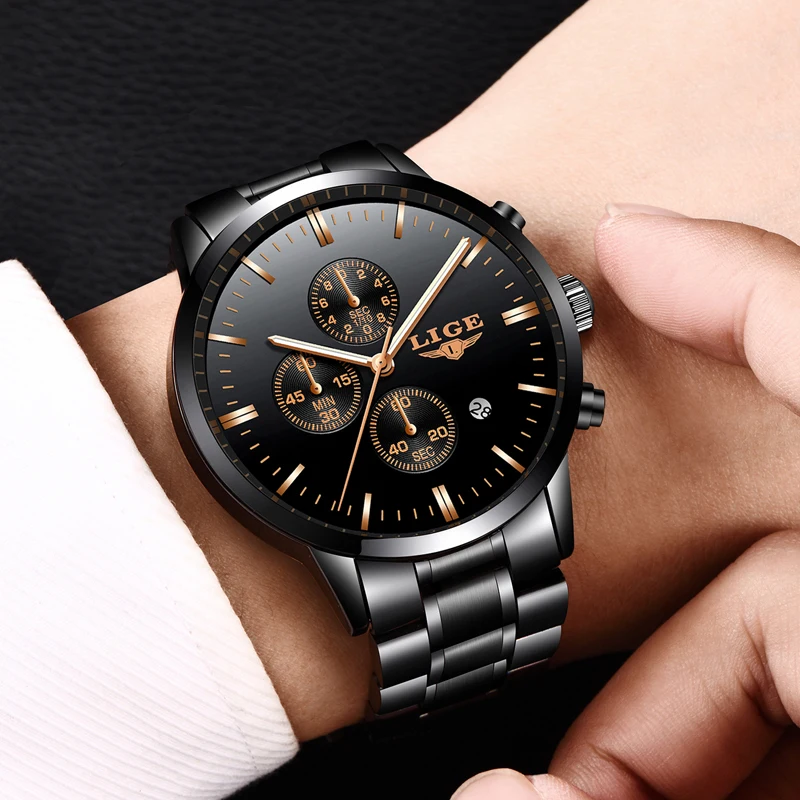 

LIGE Fashion Gold Watches Top Brand Luxury Business Men Watch Waterproof Quartz Clock Military Sport Watch Relojes Hombre 2018