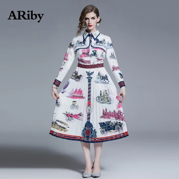 

ARiby Women Dress 2019 Spring Summer New Office Lady French Vintage Fake Two Waist Pleated Printed Turn-down Collar A-Line Dress