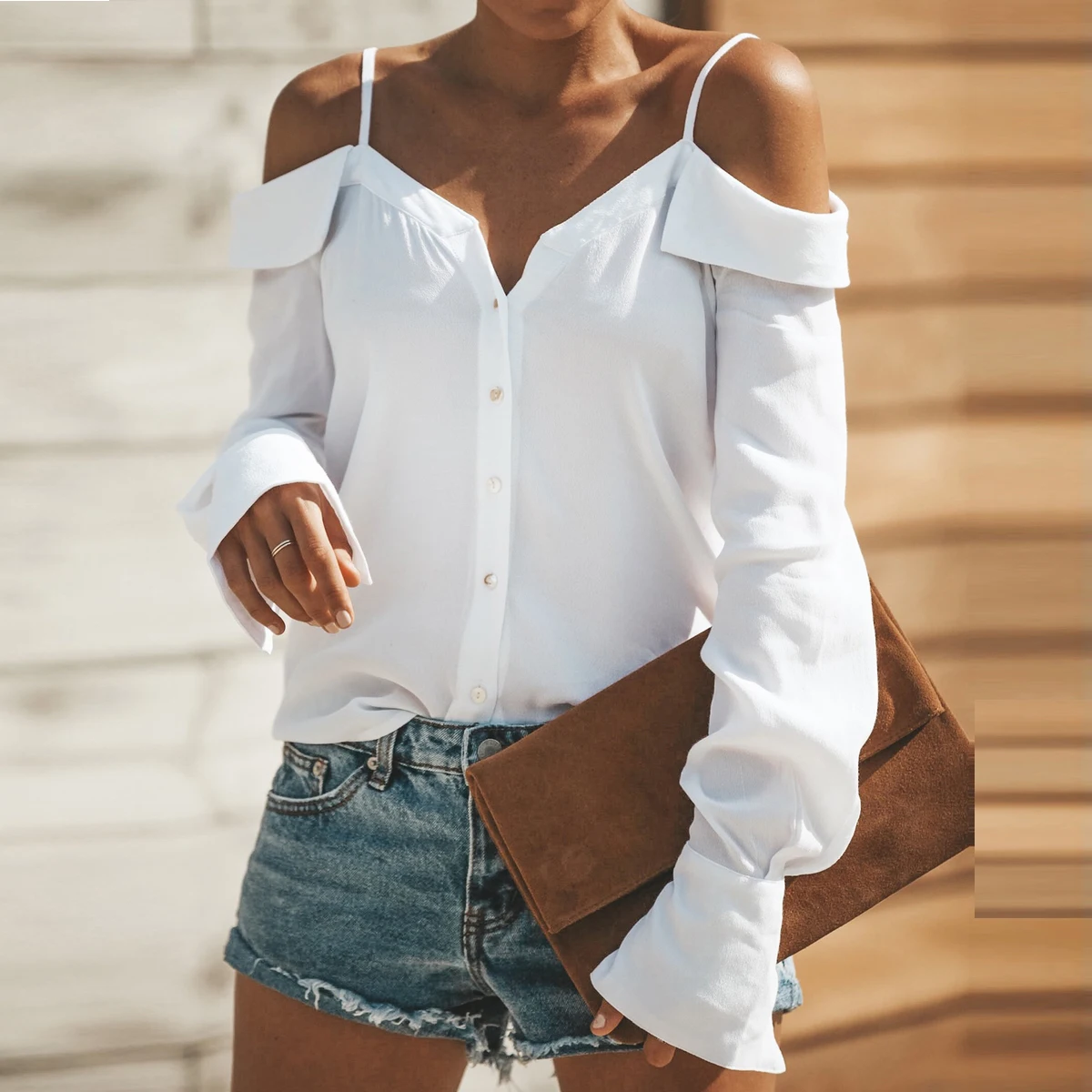 Long Sleeve T shirt Women Strap Off Shoulder Sexy Tshirt Female Button Casual Top Flare Sleeve