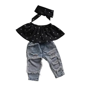 

New Fashion Infant Baby Girls Summer Dot Tube Top +Hole Jeans +Headband 3pcs Clothes Sets Outfits Fashion Ripped Sets For Girls