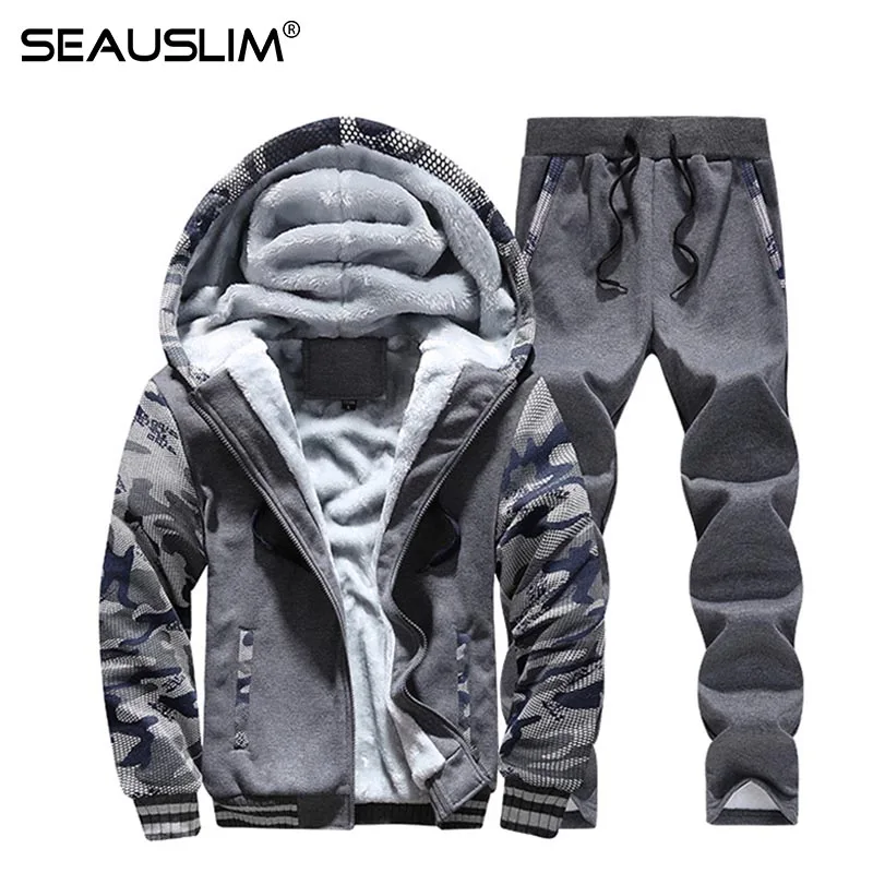SEAUSLIM/Новинка года; зимний мужской комплект из двух предметов; хлопковый внутренний флисовый толстый костюм с капюшоном из 2 предметов; куртка; мужской LQ-ZKDM-04 - Цвет: gray