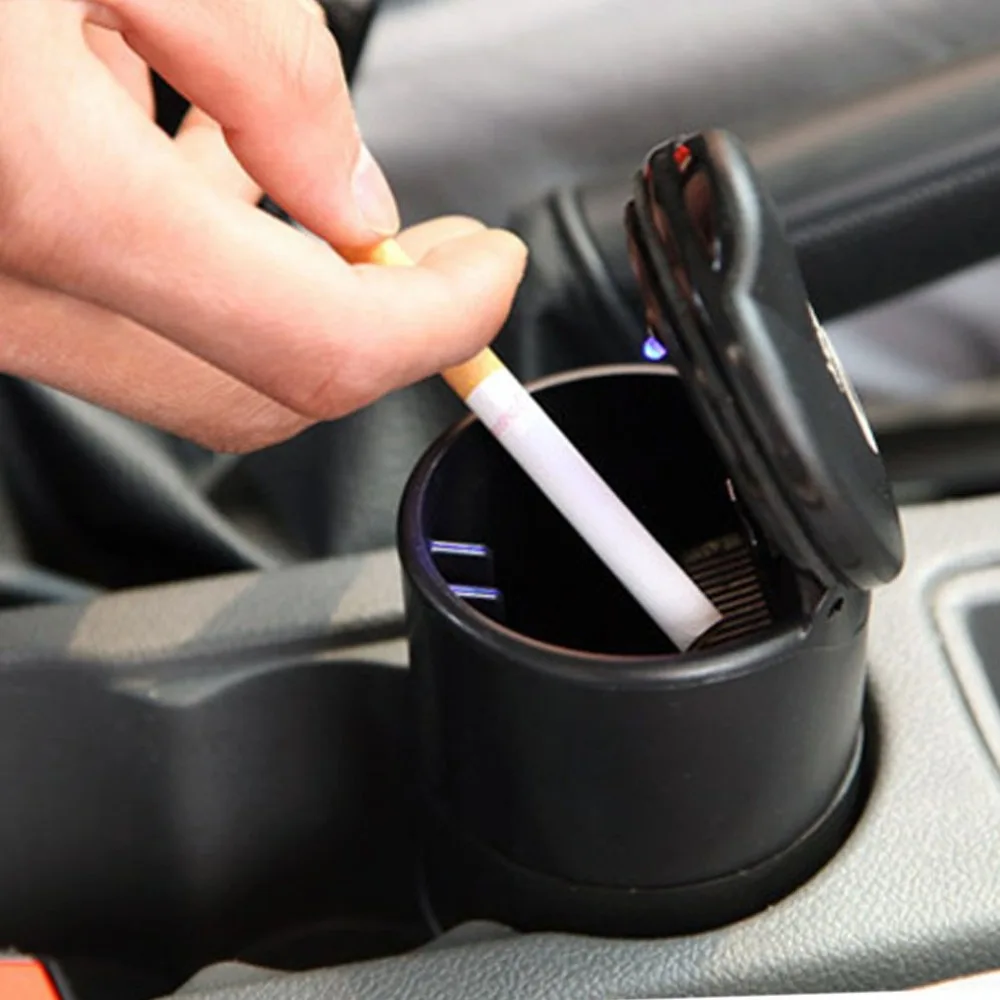 Simple Car Ashtray Smokeless, Plastic Body with LED Light in Black