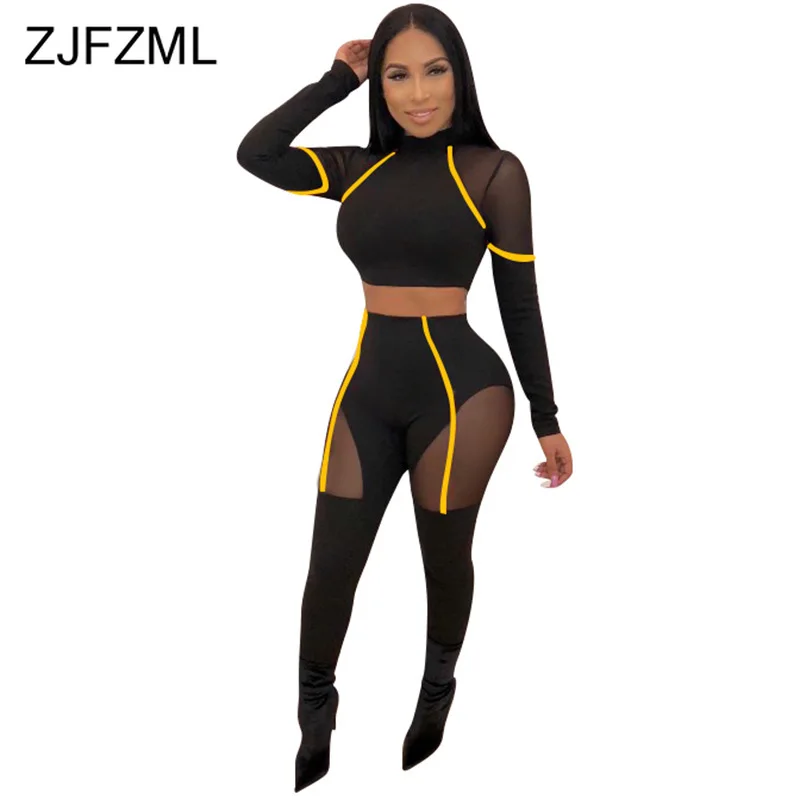 شبكة مخطط خليط اثنين من قطعة مجموعات النساء موك الرقبة كم طويل المحاصيل الأعلى + Bodycon بانت الشارع الشهير 2 قطعة النادي الزي رياضية
