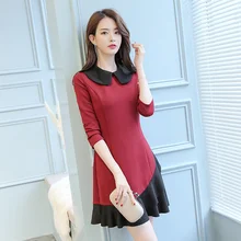 Spring 2019 New Dress Peter Pan Collar Stitching Slim Long Sleeve Dress Wine Red/Gray Green peter pan collar smock dress