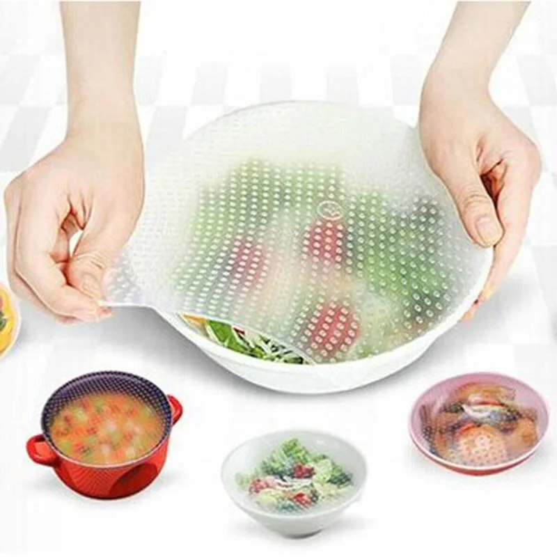 4pcs Silicone Wraps Seal Cover Stretch Cling Film Food Fresh Keep Kitchen Tools