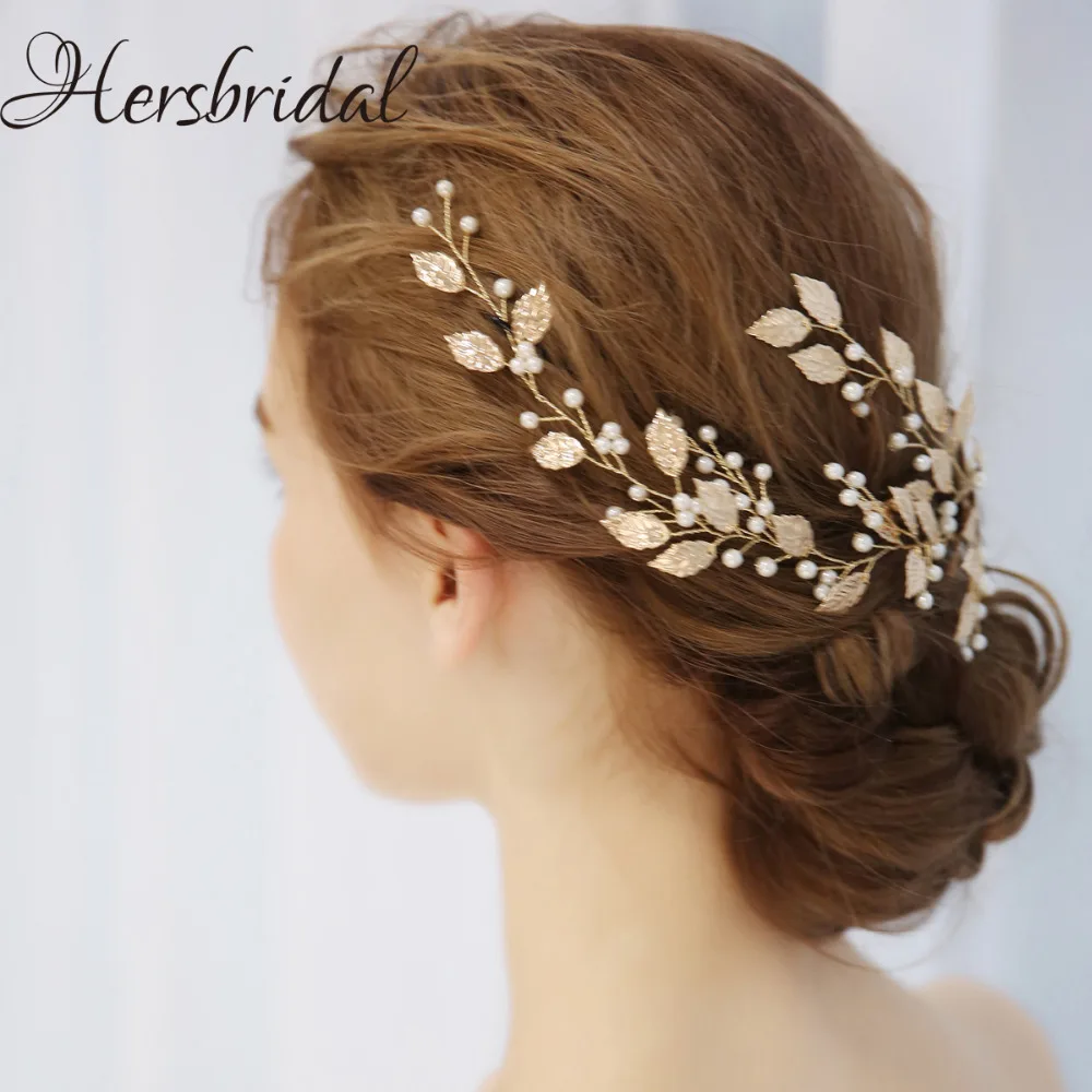 Antique Gold Leaf Bridal Headpiece Handmade Wedding Wreath Pearls Hair Adornments For Brides 2018  (7)