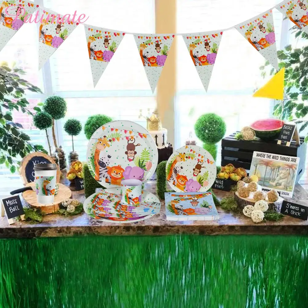 

PARTIMATE Disposable Party Tableware Sets Jungle Animals Birthday Party Kids Disposable Plate Table Cloth Children Party Set