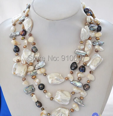 

LHX54143>>>>3row white keshi reborn black coffee freshwater pearl necklace