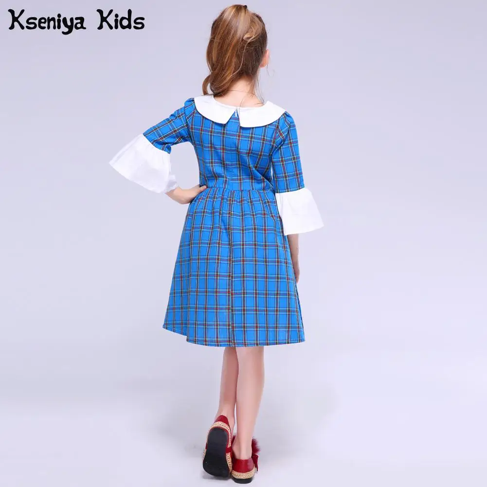 Kseniya Kids/осеннее детское милое платье в клетку с круглым отложным воротником и длинными рукавами для маленьких девочек Голубое Кружевное платье для девочек