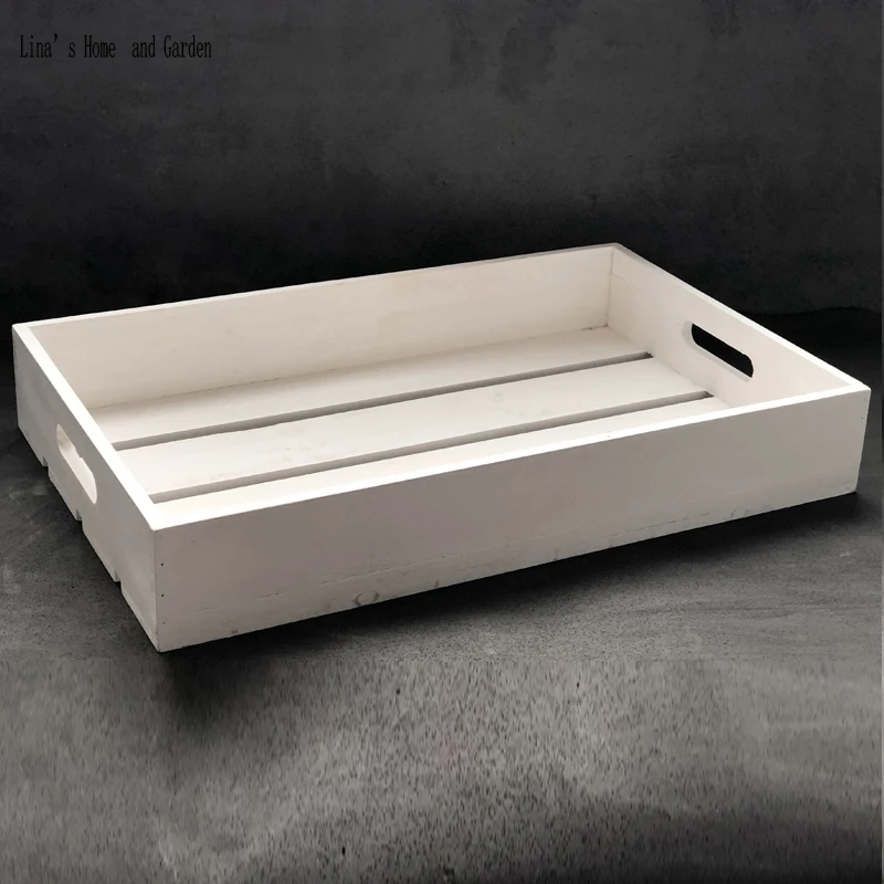 vintage farmhouse solid rectangle home decor wooden trays with cutout handles (2)