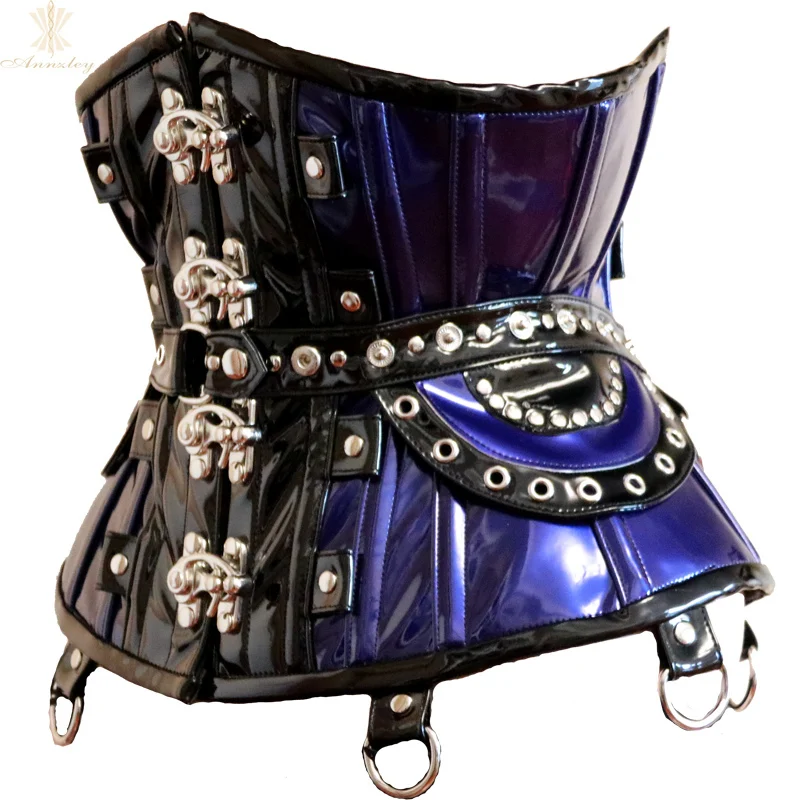 2019 Annzley Corset Steel Boned Blue Leather Underbust Corset With Horn Lock And Detachable Belt  (1)