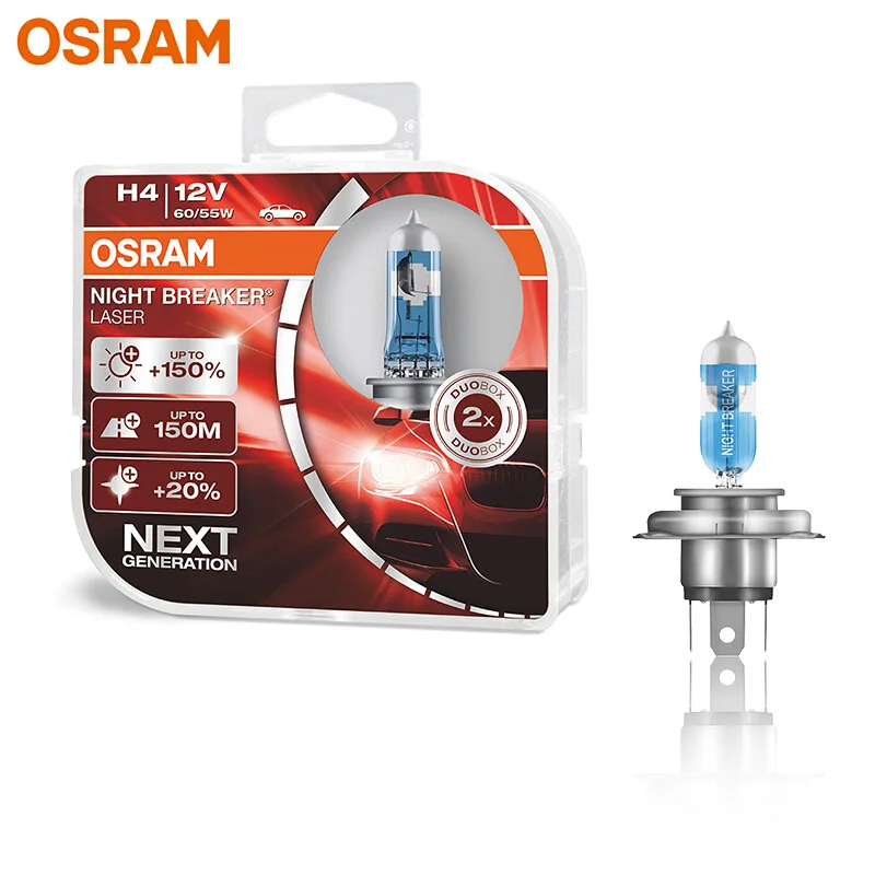 

OSRAM Night Breaker Laser Next Generation 9003 HB2 H4 12V 60/55W P43t Car Headlight Auto High Low Beam +150 Brightness (Twin)
