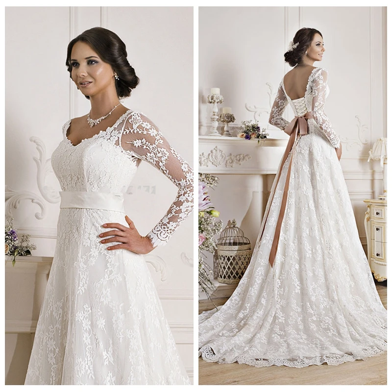 Modest Lace Long Sleeves A Line Wedding Dress With Ribbon Bridal Gowns