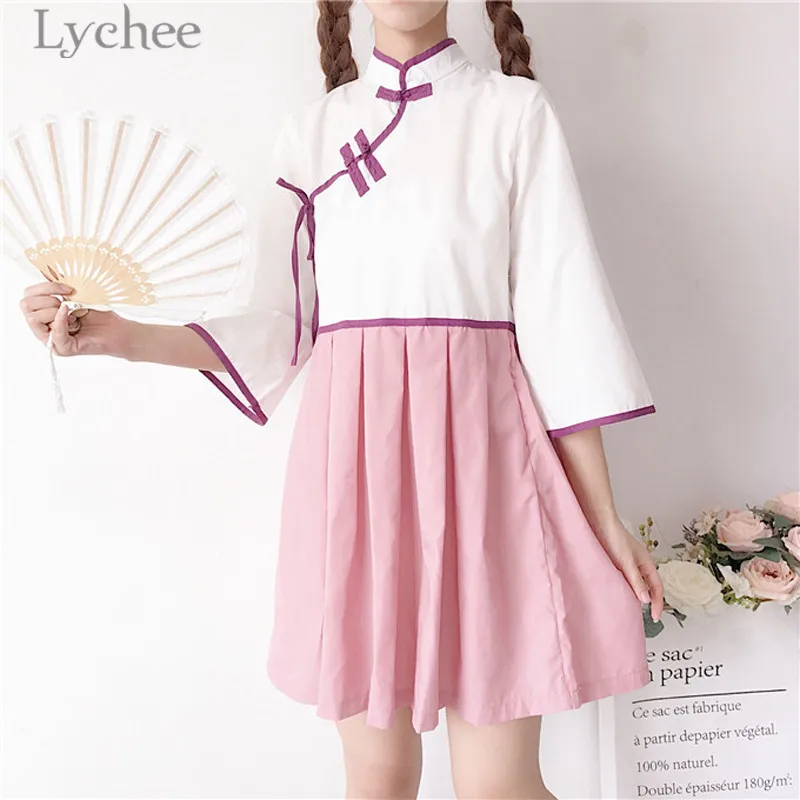 Личи Harajuku Cheongsam хит разноцветное платье с рукавом Три четверти воротником